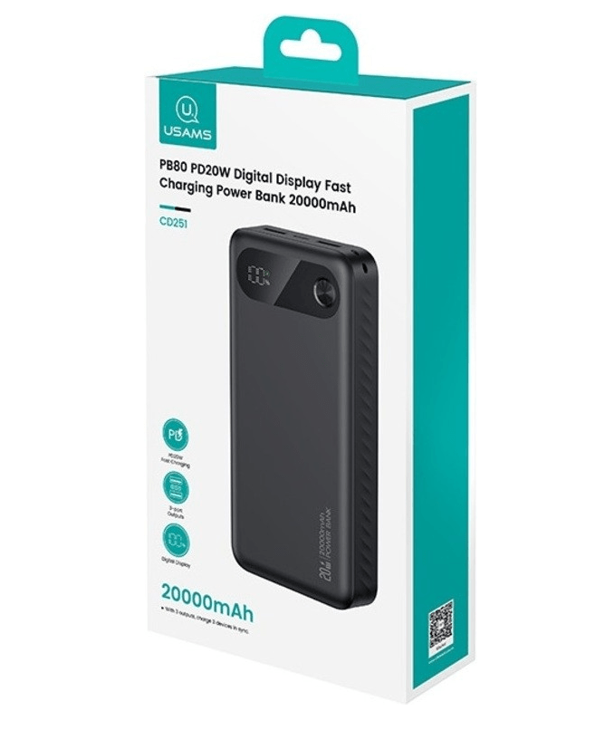 Power Bank USAMS US-CD251 PB80 PD20W+Digital Display 20000mAh black 3 Power Bank USAMS US-CD251 PB80 PD20W+Digital Display 20000mAh black 3