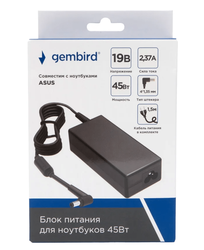 Адаптер питания Gembird NPA-AC21 для ноутбуков Asus, 19В/2.37А, 45Вт, 1 штекер 4,0х1,35мм 3 Адаптер питания Gembird NPA-AC21 для ноутбуков Asus, 19В/2.37А, 45Вт, 1 штекер 4,0х1,35мм 3