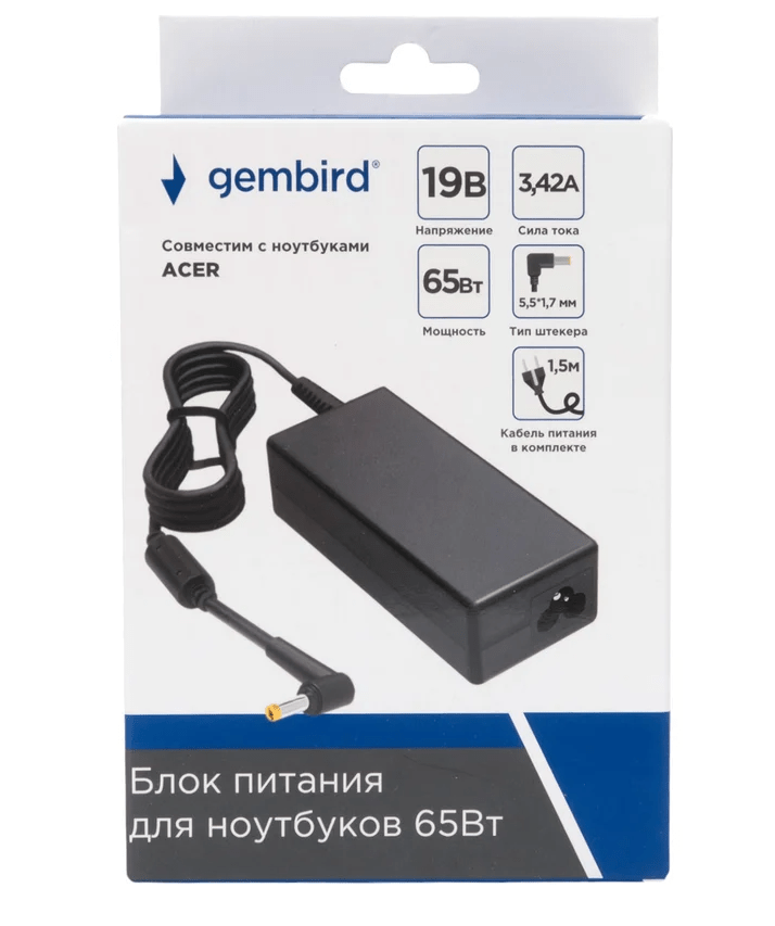 Адаптер питания Gembird NPA-AC20 для ноутбуков Acer, 19В/3.42А, 65Вт, 1 штекер 5,5х1,7мм 2 Адаптер питания Gembird NPA-AC20 для ноутбуков Acer, 19В/3.42А, 65Вт, 1 штекер 5,5х1,7мм 2