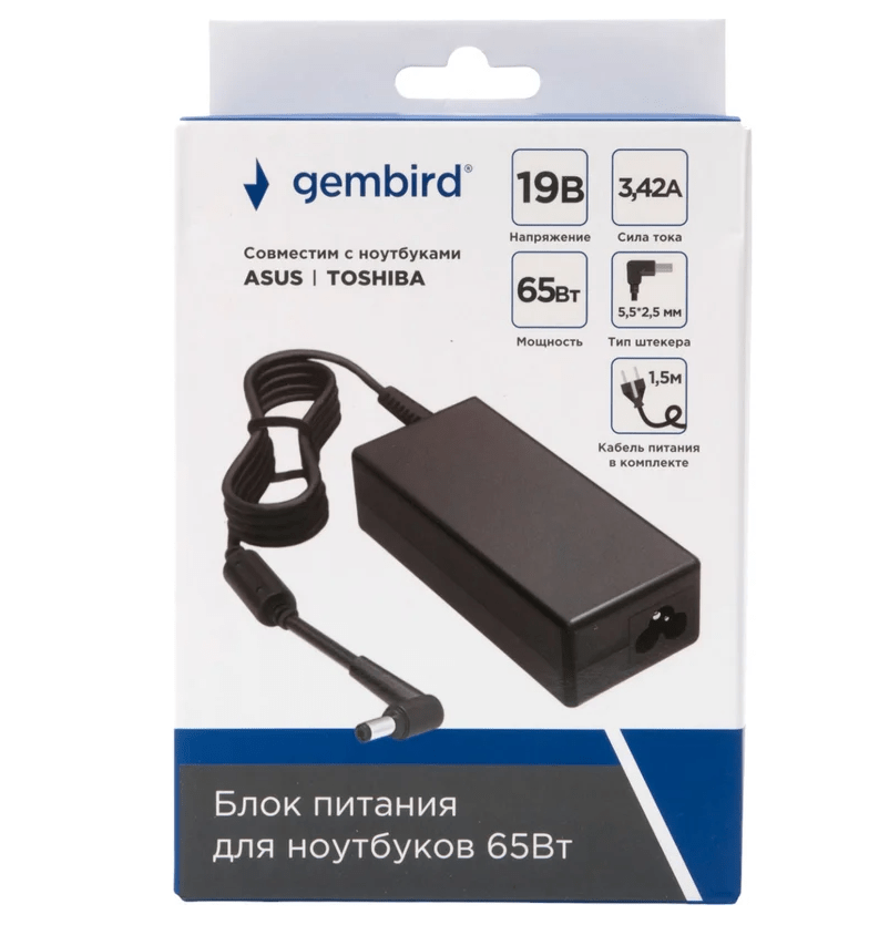 Адаптер питания Gembird NPA-AC19 для ноутбуков Asus, Toshiba, 19В/3.42А, 65Вт, 1 штекер 5,5х2,5мм 4 Адаптер питания Gembird NPA-AC19 для ноутбуков Asus, Toshiba, 19В/3.42А, 65Вт, 1 штекер 5,5х2,5мм 4
