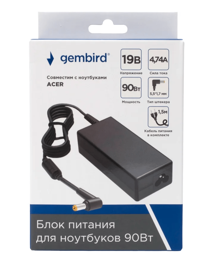 Адаптер питания Gembird NPA-AC18 для ноутбуков Acer, 19В/4.74А, 90Вт, 1 штекер 5,5х1,7мм 5 Адаптер питания Gembird NPA-AC18 для ноутбуков Acer, 19В/4.74А, 90Вт, 1 штекер 5,5х1,7мм 5