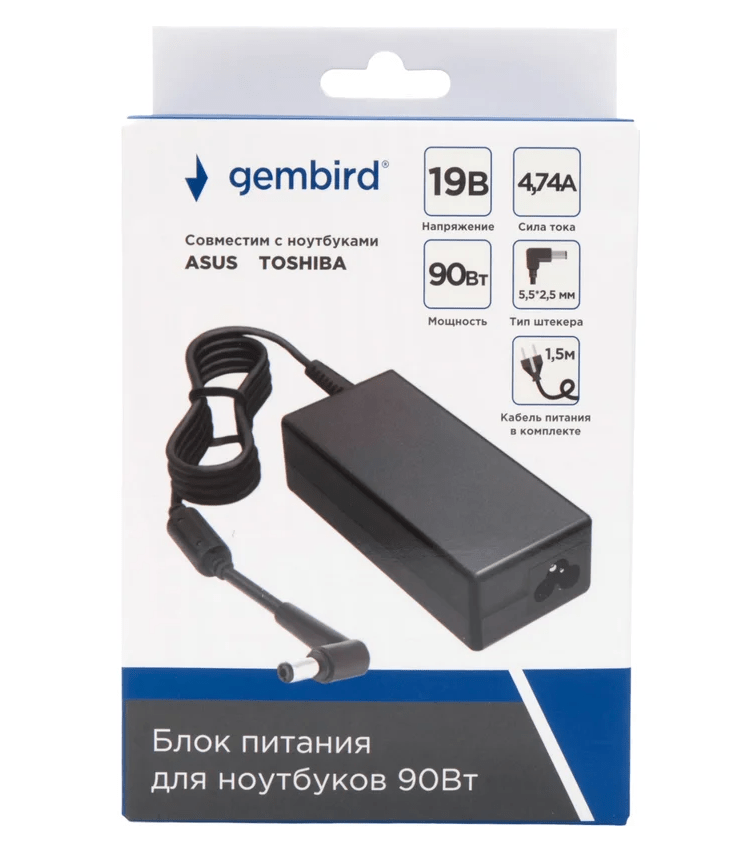 Адаптер питания Gembird NPA-AC17 для ноутбуков Asus, Toshiba, 19В/4.74А, 90Вт, 1 штекер 5,5х2,5мм 4 Адаптер питания Gembird NPA-AC17 для ноутбуков Asus, Toshiba, 19В/4.74А, 90Вт, 1 штекер 5,5х2,5мм 4