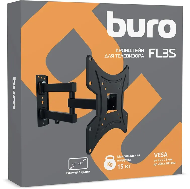 Кронштейн для телевизора Buro FL3S, 20-48", настенный, поворотно-выдвижной и наклонный, черный 2 Кронштейн для телевизора Buro FL3S, 20-48", настенный, поворотно-выдвижной и наклонный, черный 2