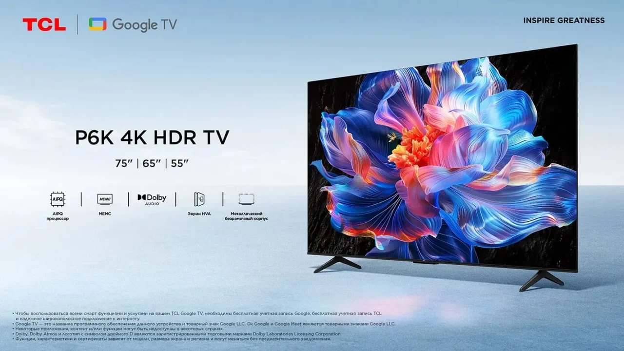 55" Телевизор TCL 55P6K черный 3840x2160, 4K Ultra HD, 60 Гц, Wi-Fi, Smart TV, Google TV 1