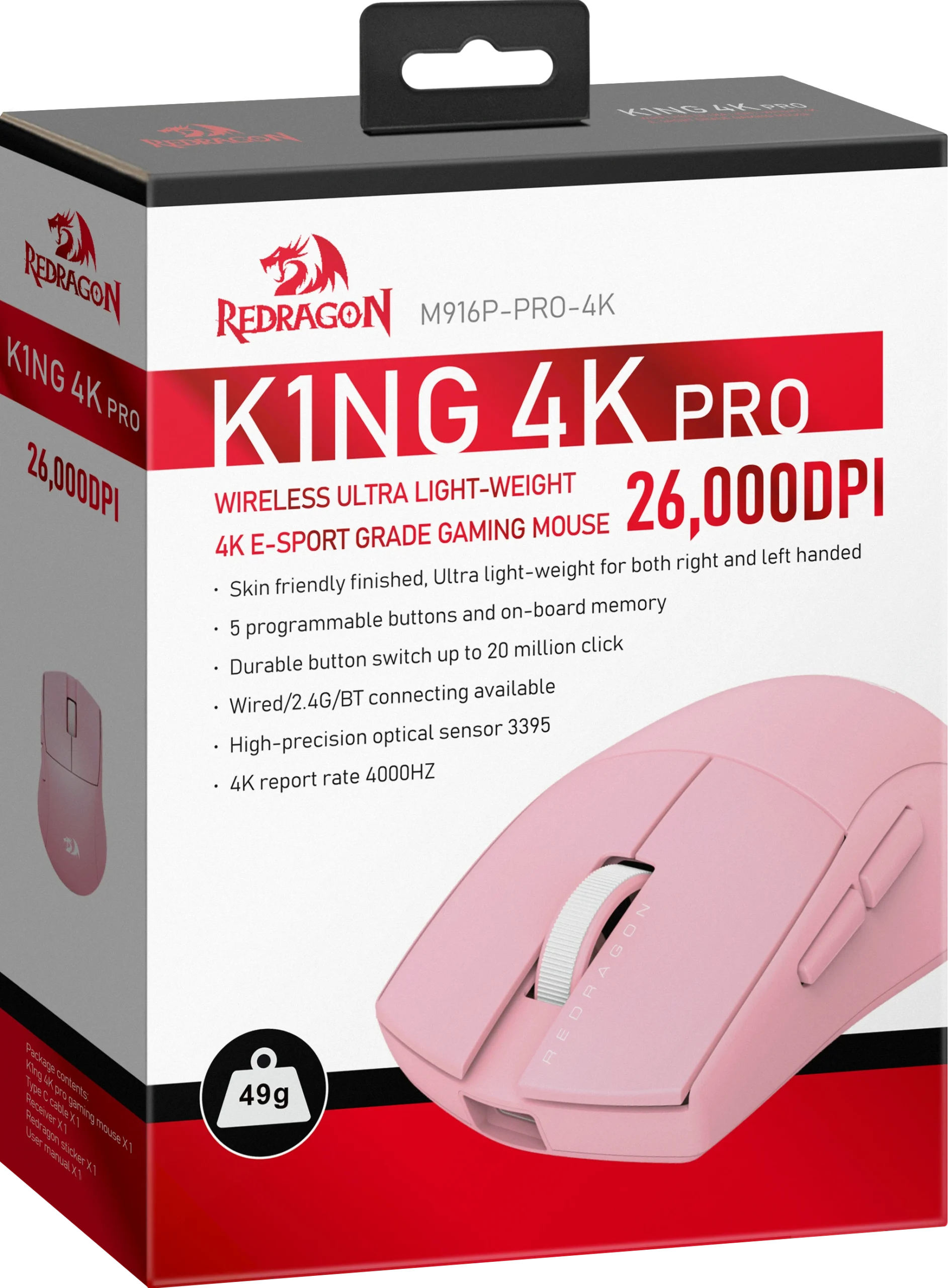 Мышь беспроводная игровая Redragon K1ng 4K Pro, BT+2.4G, розовый 8 Мышь беспроводная игровая Redragon K1ng 4K Pro, BT+2.4G, розовый 8
