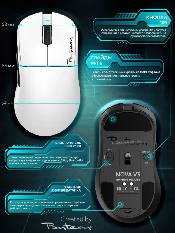 Мышь игровая PANTEON NOVA V3, BT+2.4G, белая 13