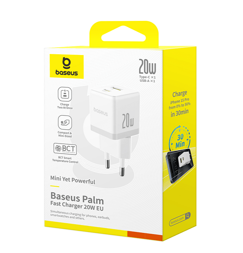 СЗУ Baseus Palm Fast Charger C+U 20W EU Moon White (with Cable USB-C to USB-C 60W) 7 СЗУ Baseus Palm Fast Charger C+U 20W EU Moon White (with Cable USB-C to USB-C 60W) 7