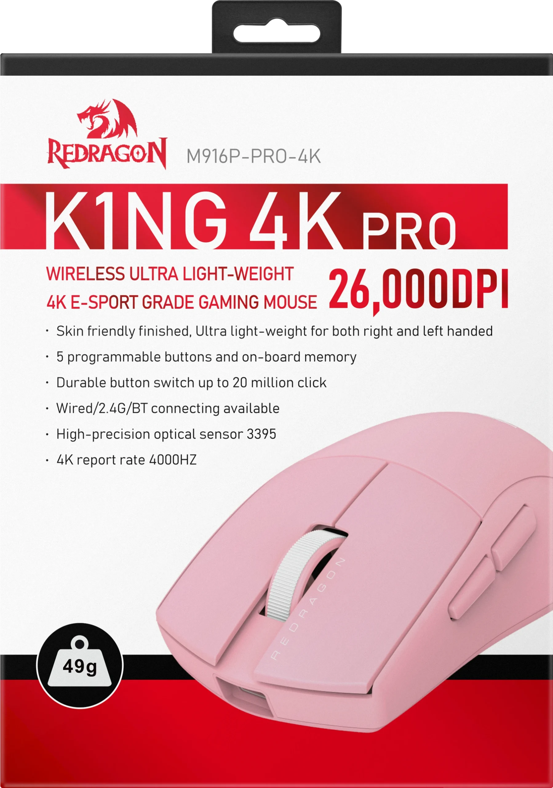 Мышь беспроводная игровая Redragon K1ng 4K Pro, BT+2.4G, розовый 9 Мышь беспроводная игровая Redragon K1ng 4K Pro, BT+2.4G, розовый 9