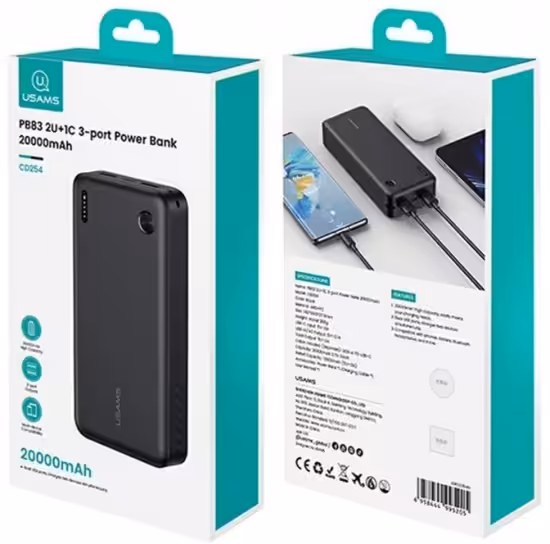 Внешний аккумулятор USAMS US-CD254 PB83 3Ports 20000mAh black 3 Внешний аккумулятор USAMS US-CD254 PB83 3Ports 20000mAh black 3
