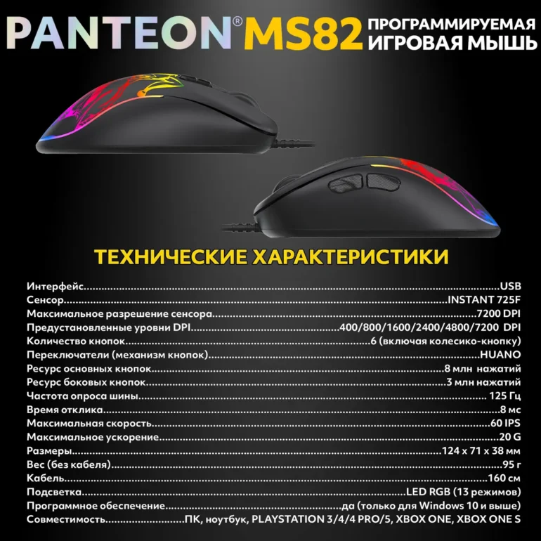 Мышь игровая PANTEON MS82 (112), чёрная USB 7