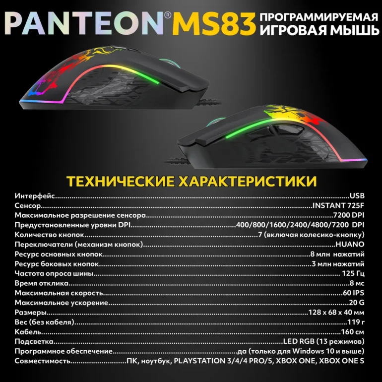Мышь игровая PANTEON MS83, RGB, черный (113) 8
