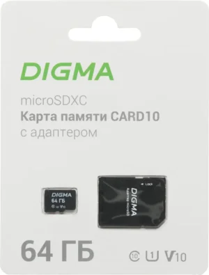 Карта памяти MicroSDXC UHS-I Card 64Gb Digma CARD10 (DGFCA064A01) (с адаптером) 1