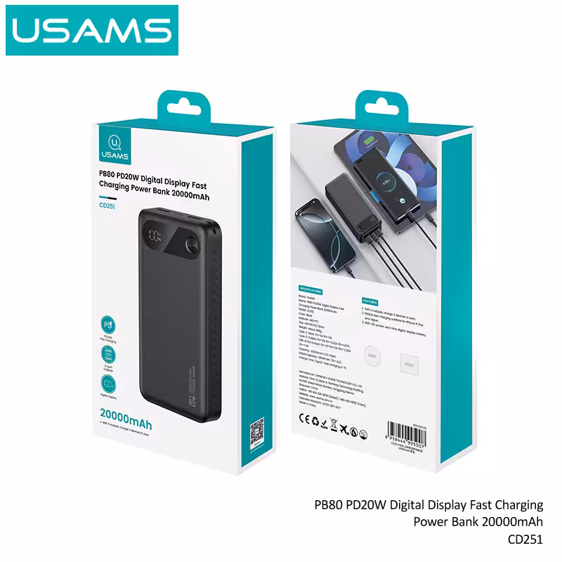 Внешний аккумулятор USAMS US-CD251 PB80 PD20W+Digital Display 20000mAh black 5 Внешний аккумулятор USAMS US-CD251 PB80 PD20W+Digital Display 20000mAh black 5