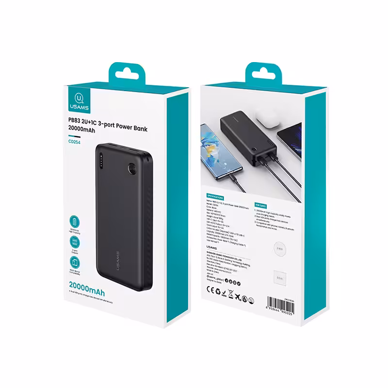 Внешний аккумулятор USAMS US-CD254 PB83 3Ports 20000mAh black 6 Внешний аккумулятор USAMS US-CD254 PB83 3Ports 20000mAh black 6