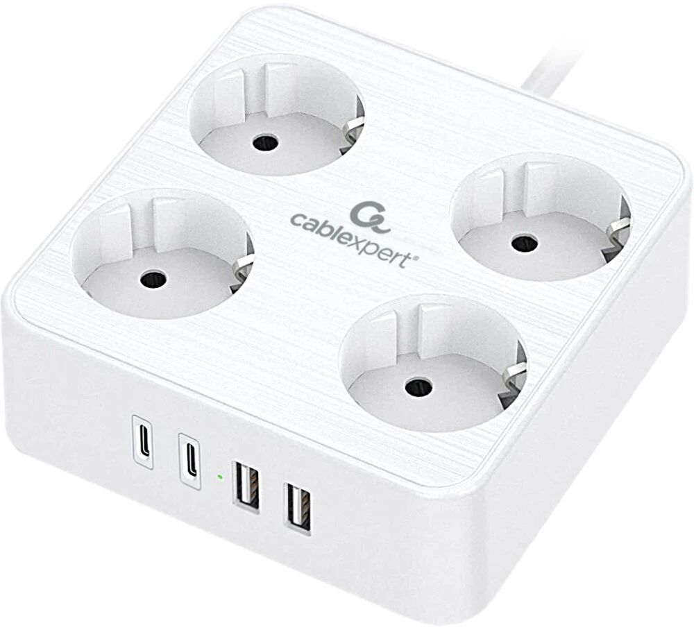 Сетевой фильтр Cablexpert Plate, PLT-4-C2U2-W-2, 4р, 2xType-C, 2хUSB, 2м, белый 1 Сетевой фильтр Cablexpert Plate, PLT-4-C2U2-W-2, 4р, 2xType-C, 2хUSB, 2м, белый 1