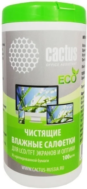 Чистящие салфетки Cactus CS-1001PE для экранов и оптики туба 100шт влажных 1 Чистящие салфетки Cactus CS-1001PE для экранов и оптики туба 100шт влажных 1