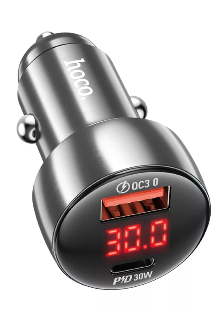 АЗУ HOCO Z50 Leader 48W dual-port PD30W+QC3.0 car charger with digital display metal gray 1 АЗУ HOCO Z50 Leader 48W dual-port PD30W+QC3.0 car charger with digital display metal gray 1